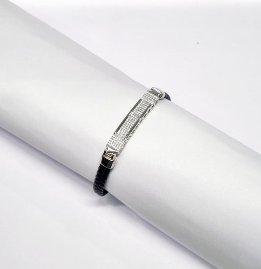 STERLING SILVER HALLMARKED CLASSY ZIRCON STUDDED LEATHER BELT BRACELET FOR MEN