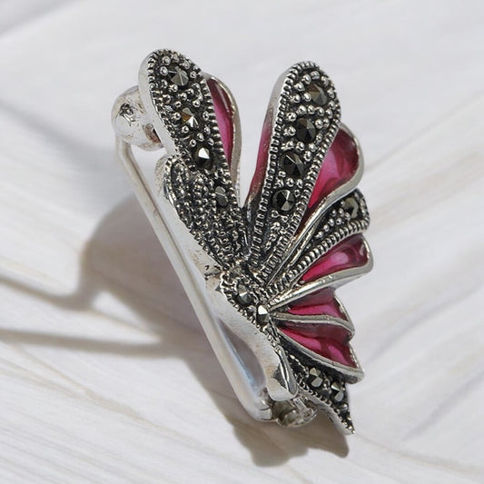 Silver Butterfly Brooch with Pink Enamel Detailing