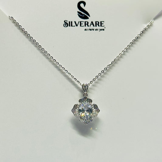 STERLING SILVER HALLMARKED OVAL SOLITAIRE FLOWER CHAIN PENDANT