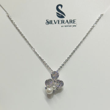 STERLING SILVER HALLMARKED PAVE ZIRCON PEARL FLOWER PENDANT CHAIN