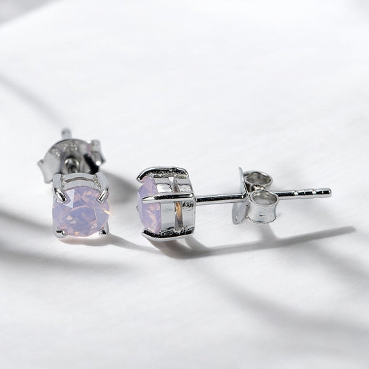 92.5% BIS Hallmarked Silver Stud Earrings with Bluish Pink Crystal