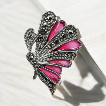 Silver Butterfly Brooch with Pink Enamel Detailing