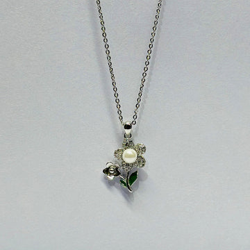 STERLING SILVER HALLMARKED PEARL ZIRCON FLOWER PENDENT CHAIN
