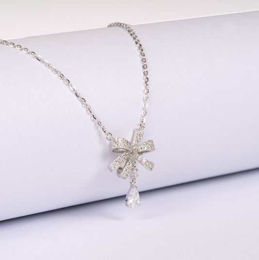 Silver Bow & Pear Zircon Pendant