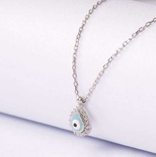 SILVER LIGHT BLUE EVIL EYE DROP SHAPE PENDENT WITH CHAIN
