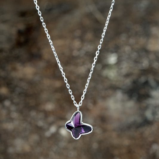 STERLING SILVER VIOLET SWAROSKI BUTTERFLY CHAIN PENDENT