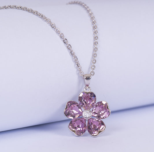 SILVER PETAL BLOSSOM FLOWER ZIRCONIA PENDENT WITH CHAIN