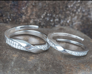 STERLING SILVER HALLMARKED BOND OF LOVE ADJUSTABLE COUPLE BANDS WITH ZIRCON DETAILING