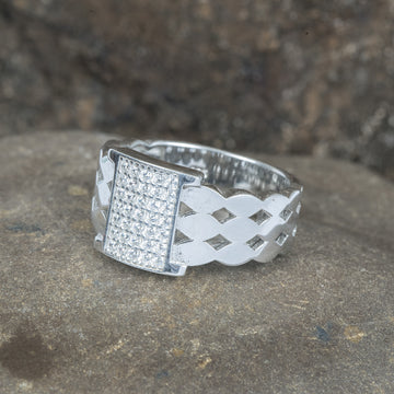 Sterling Silver Zircon Ring with Patterned Band