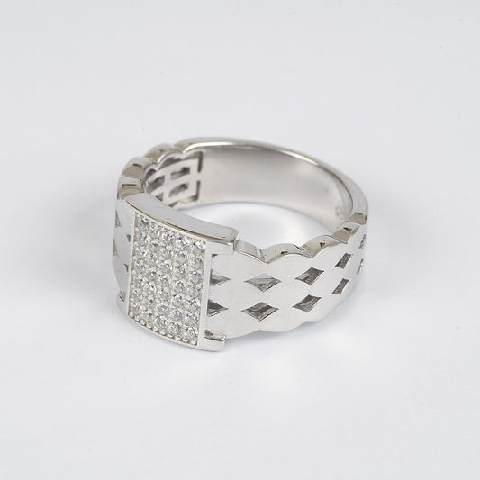 Sterling Silver Zircon Ring with Patterned Band