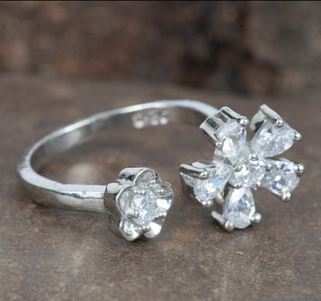 Silver Floral Zircon Statement Ring