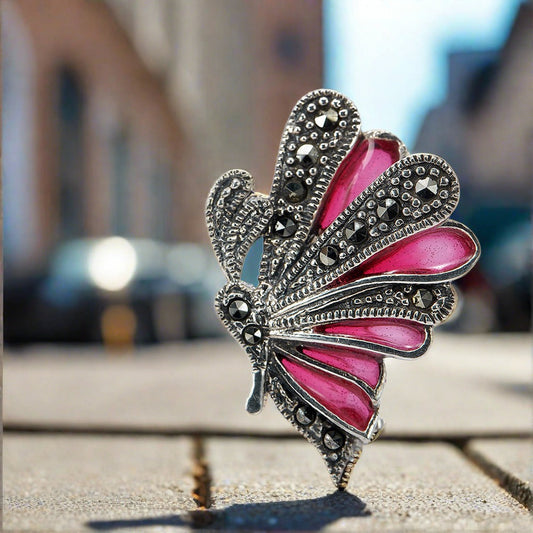 pink enamel silver butterfly brooch