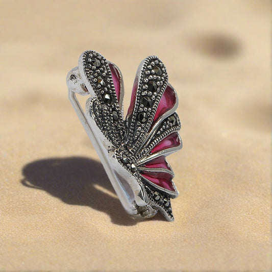 pink enamel silver butterfly brooch