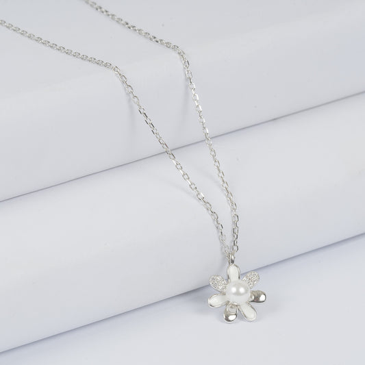 BEAUTIFUL WHITE ENAMELED FLOWER STUDDED WITH PEARL AND ZIRCONIA SILVER PENDENT WITH CHAIN