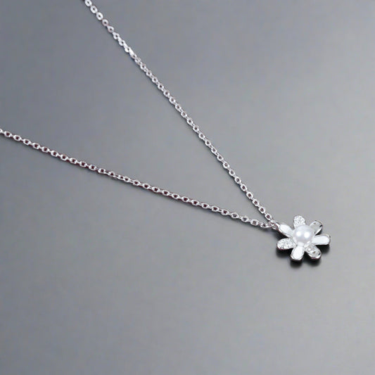 BEAUTIFUL WHITE ENAMELED FLOWER STUDDED WITH PEARL AND ZIRCONIA SILVER PENDENT WITH CHAIN