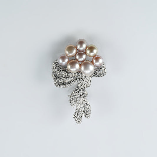 silver bouquet brooch studded with pearls and zircon