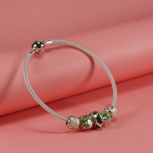 Silver Enamel Moving Ball Bracelet – White & Green