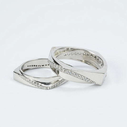 silver square shaped couple band studded with zircon