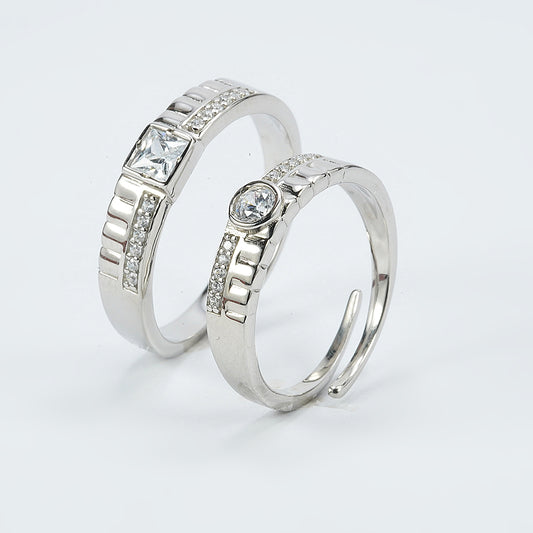silver timeless couple band with princess zircon in men's and round zircon in ladies ring