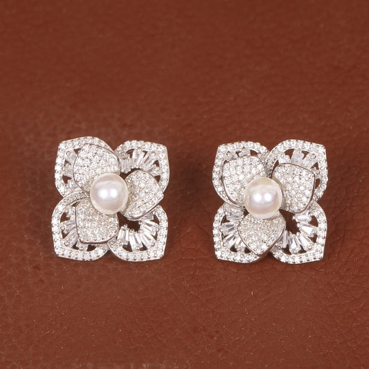 3D Zircon & Pearl Flower Earrings