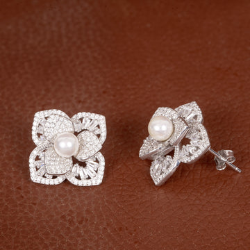 3D Zircon & Pearl Flower Earrings