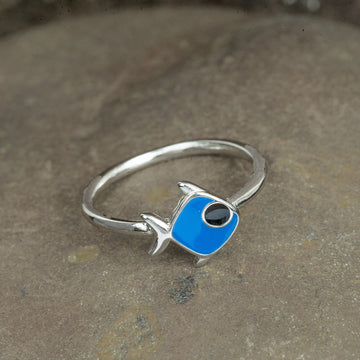 Sterling Silver Dark Blue Enamel Fish Ring