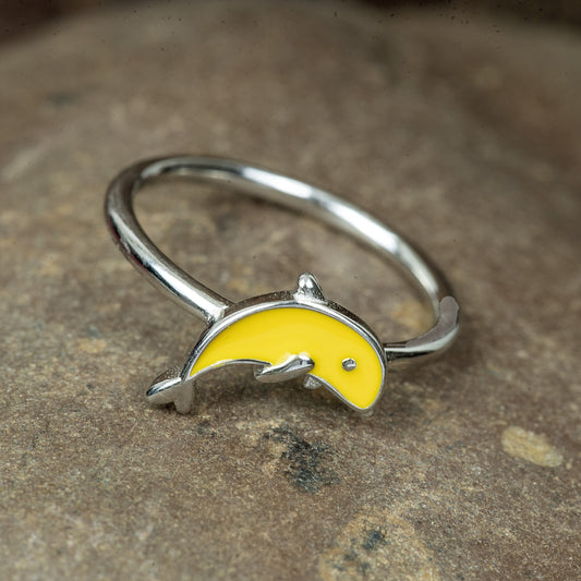 SILVER CUTE YELLOW ENAMELED DOLPHIN KIDS RING
