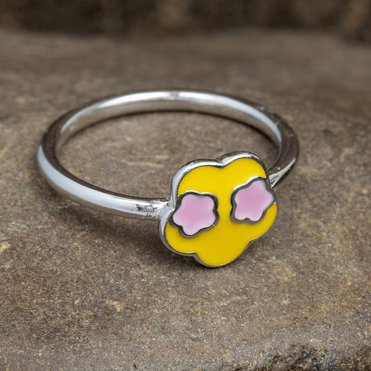 SILVER NOTORIOUS PINK EYE WITH YELLOW ENAMELED KIDS RING