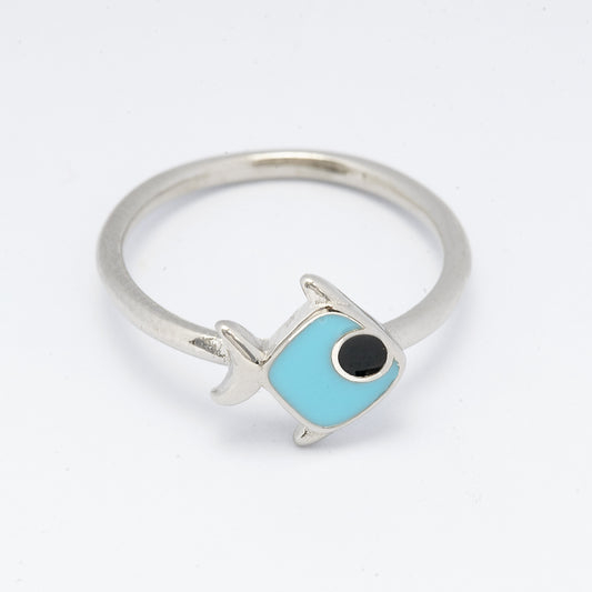Sterling Silver Blue Enamel Fish Ring for Kids