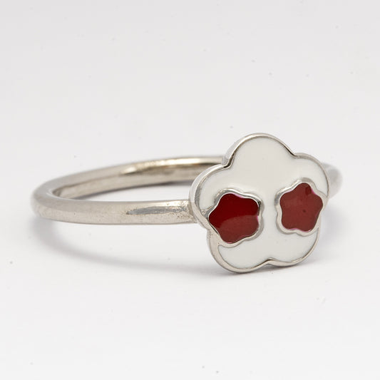 SILVER NATORIOUS RED EYE WITH WHITE ENAMELED FLOWER RING FOR KIDS