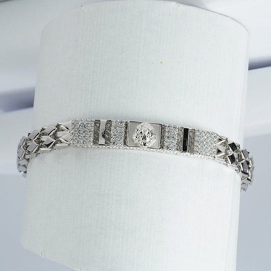 silver studded with zircon and lion motif bracelet for him