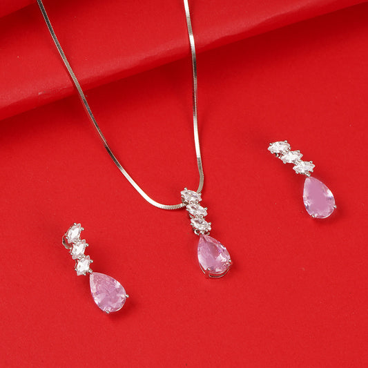 92.5% BIS Hallmarked Sterling Silver Rose Pink Zircon Pendant Set