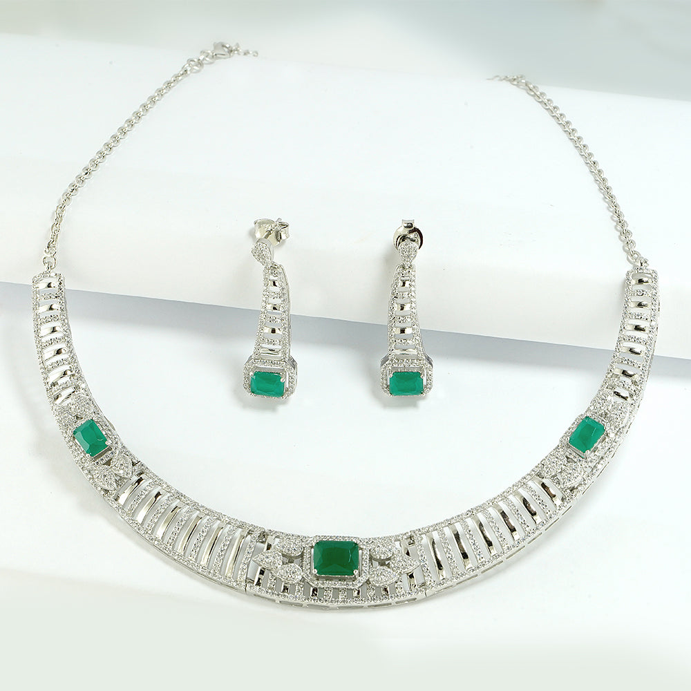 Silver Green Emerald Zircon Necklace and Earring Set