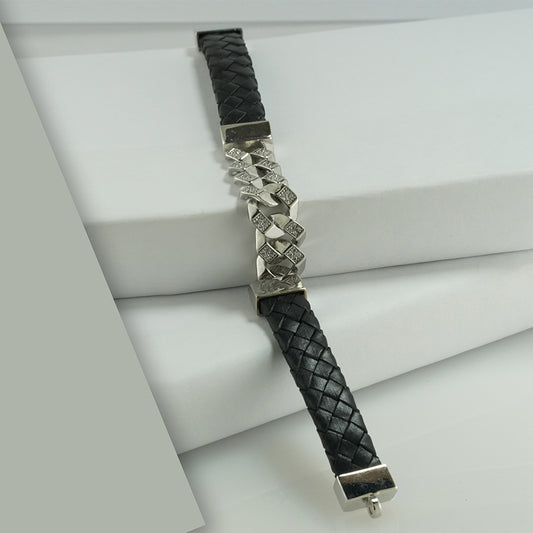 Silver Cuban Leather Bracelet with Zircon Accents