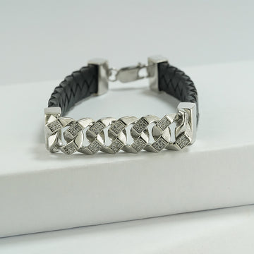 Silver Cuban Leather Bracelet with Zircon Accents