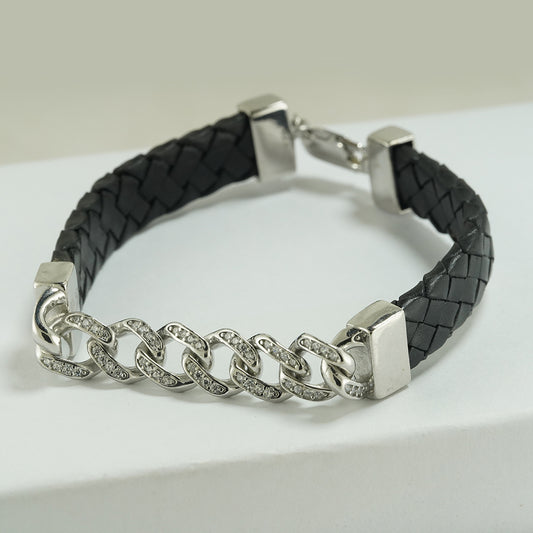 Silver Cuban Link & Leather Zircon Bracelet