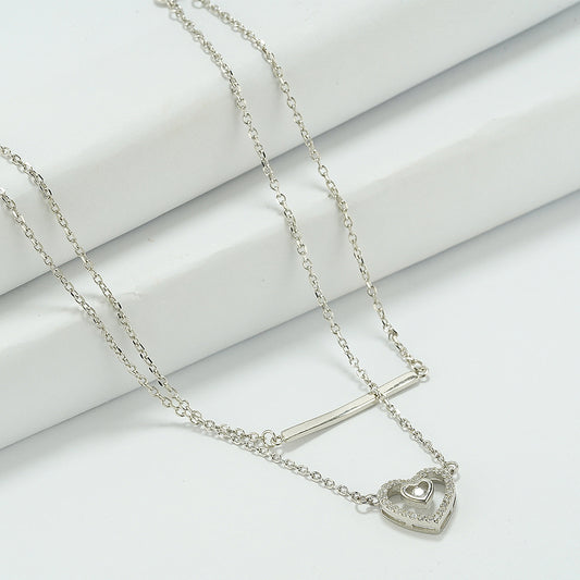 Silver Double-Layered Heart Zircon Necklace