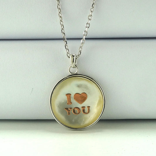 silver i love you embosed on mop chain pendant