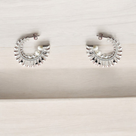 Silver Crescent Pearl Earrings with White Enamel