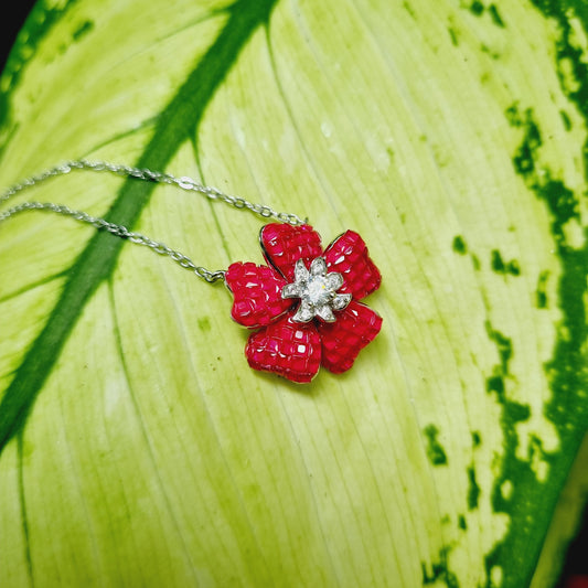 SILVER RUBY AND ZIRCON FLOWER OF ETERNITY CHAIN PENDANT