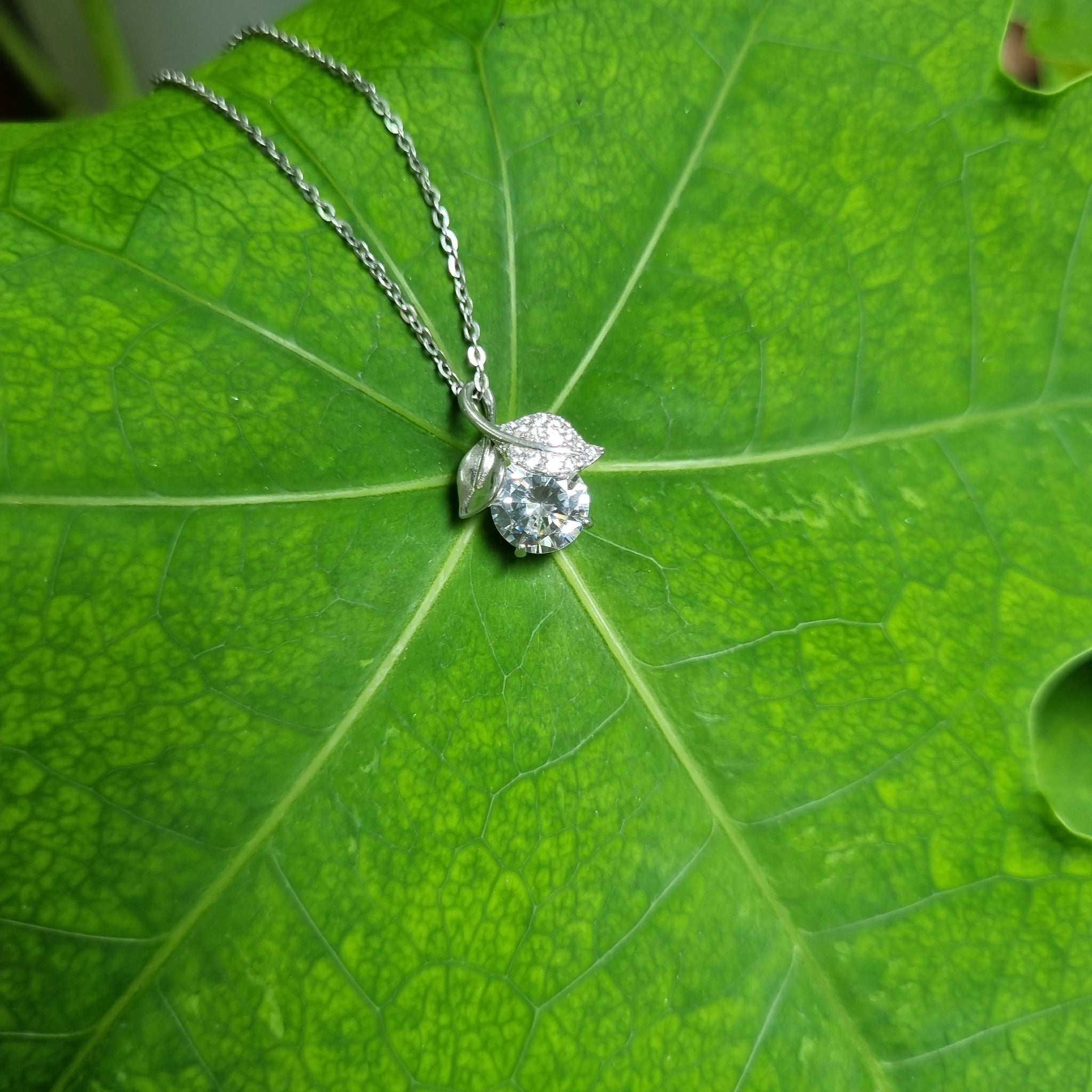 Sterling silver Upside down leaf with zirconia pendent chain