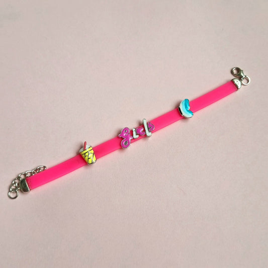 Sterling silver girls kid pink belt bracelet with butterfly and drink charm