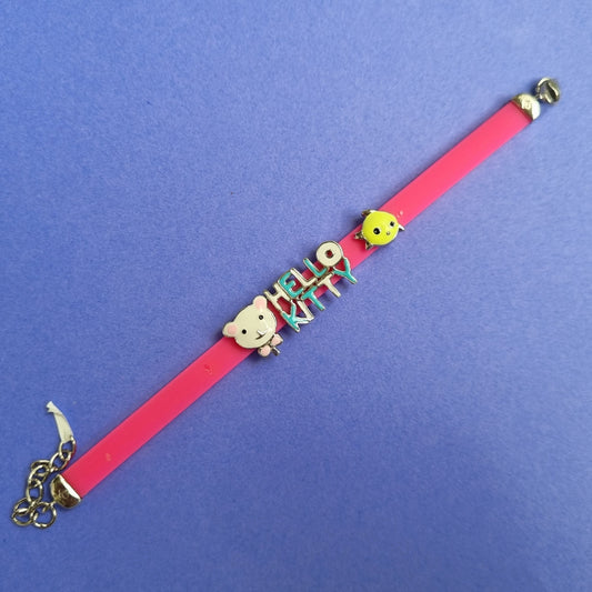 STERLING SILVER CUTE HELLO KITTY AND FISH CHARM NEON PINK BRACELET FOR KIDS