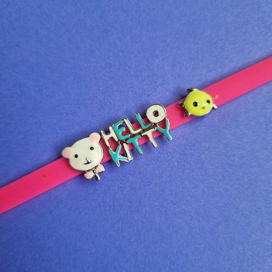 Sterling silver cute hello kitty and fish charm neon pink bracelet for kids