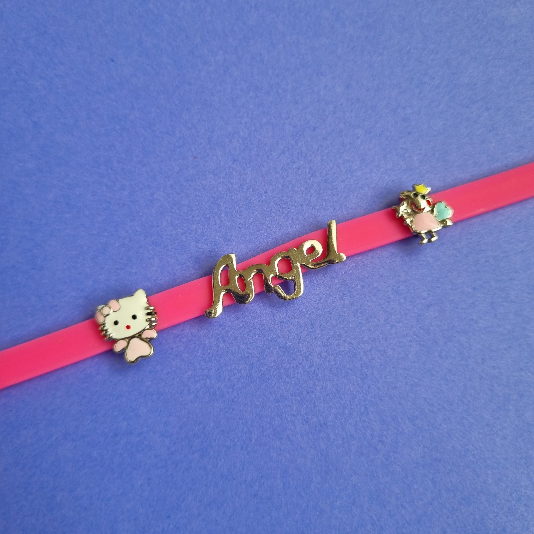 Sterling silver angel charm with hello kitty and pepapig charm with neon pink belt for kids