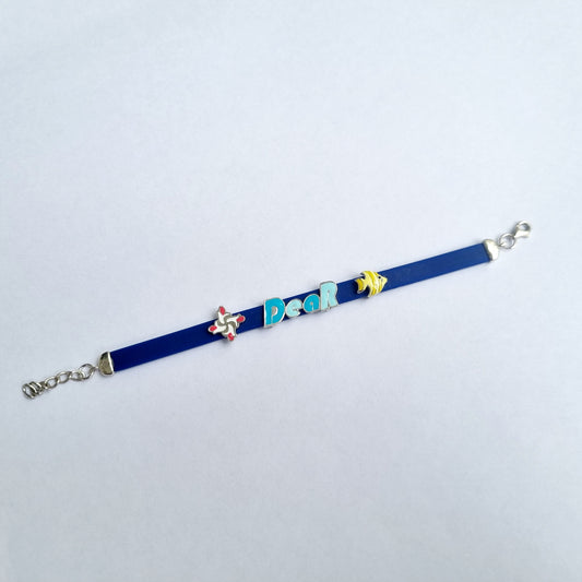 Sterling silver blue dear bracelet for kids with fish and swastik charms