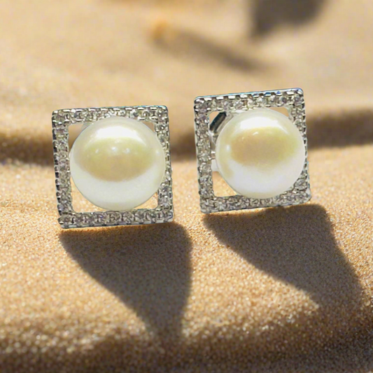 STERLING SILVER SQUARE FRESHWATER PEARL EARINGS