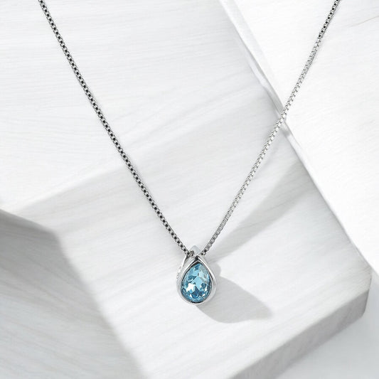 SILVER CHAIN WITH PENDANT OF SWAROVSKI AQUAMARINE DROP SHAPE CRYSTAL