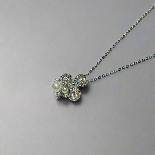 Sterling silver pave zircon pearl flower pendant chain