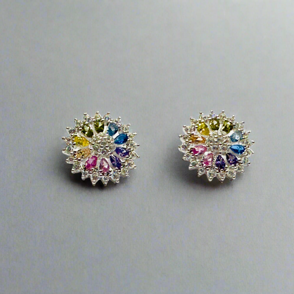 STERLING SILVER RAINBOW SAPPHIRE ZIRCON CLUSTER STUD EARINGS